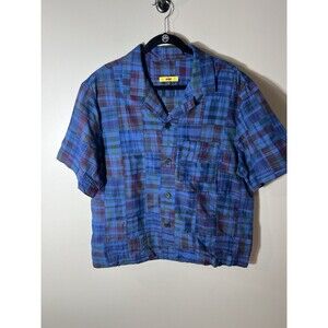 Skidz Patchwork Plaid Blue Button Shirt Mens Large Skater Y2K